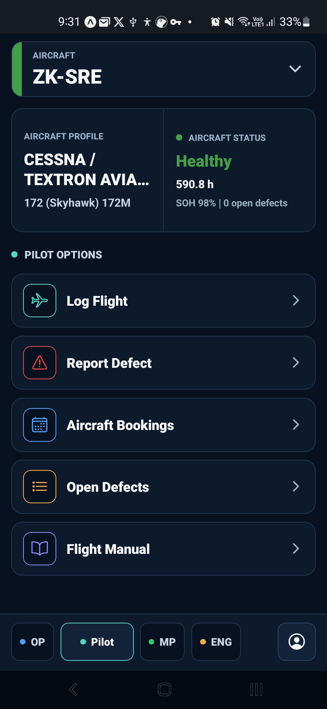 Trails AMS aircraft actions displayed on a phone