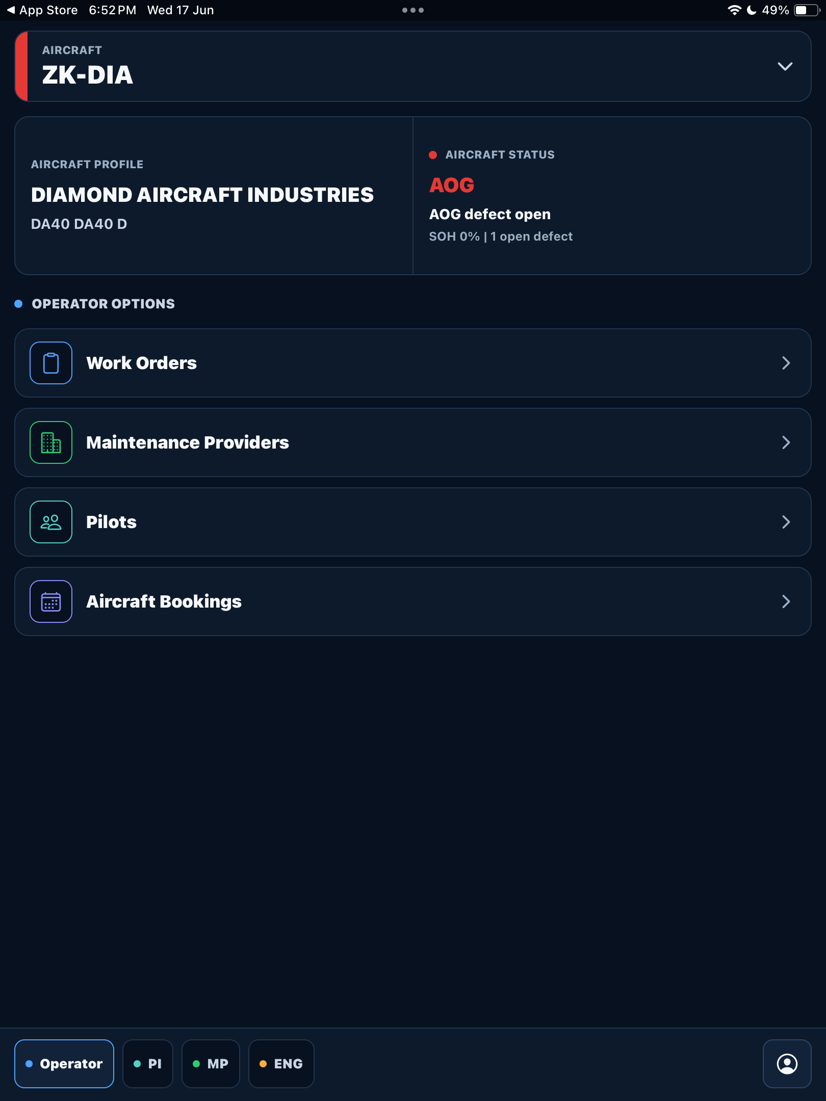 Trails AMS aircraft overview displayed on a tablet